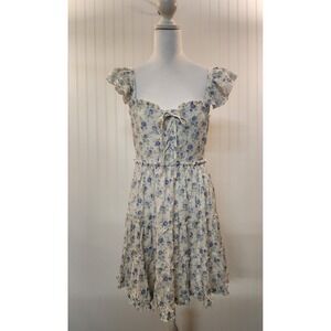 Altar'd State Blue Floral Lace Up Tiered Ruffle Strap Mini Dress Womens Medium